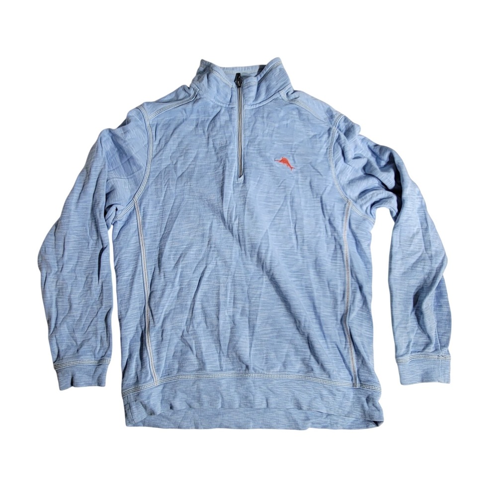Tommy Bahama Mens Quarter Zip Pullover Light Blue Slub Knit Marlin Logo Medium